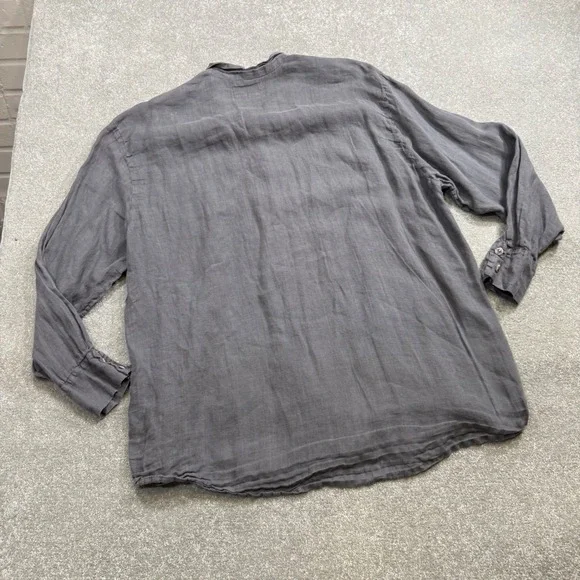 FLAX Linen Button Down Shirt Ruffle Collar Charcoal Gray Oversized L Lagenlook - Picture 3 of 11